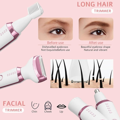 5-in-1 Cordless Electric Shaver for Women, Painless Facial Eyebrow Nose Hair Trimmer, Wet Dry Bikini Body Groomer
