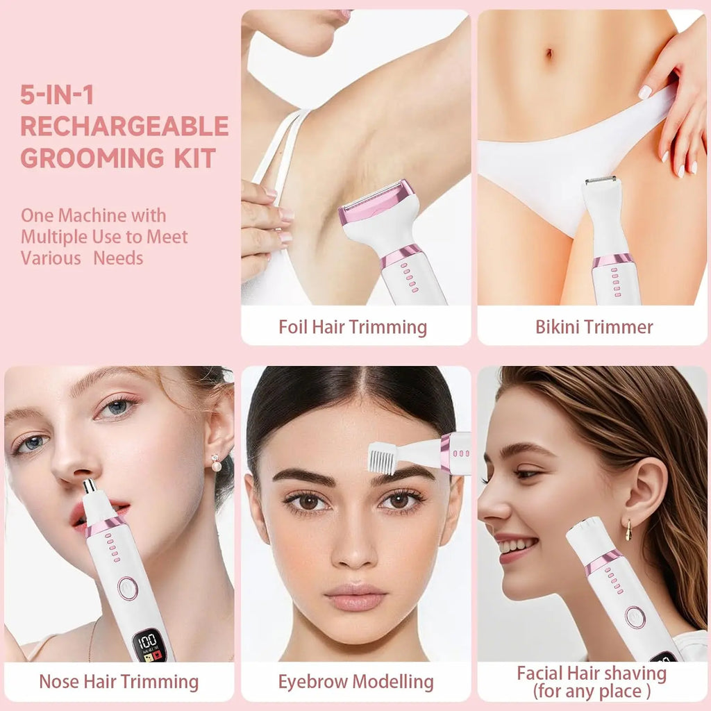 5-in-1 Cordless Electric Shaver for Women, Painless Facial Eyebrow Nose Hair Trimmer, Wet Dry Bikini Body Groomer